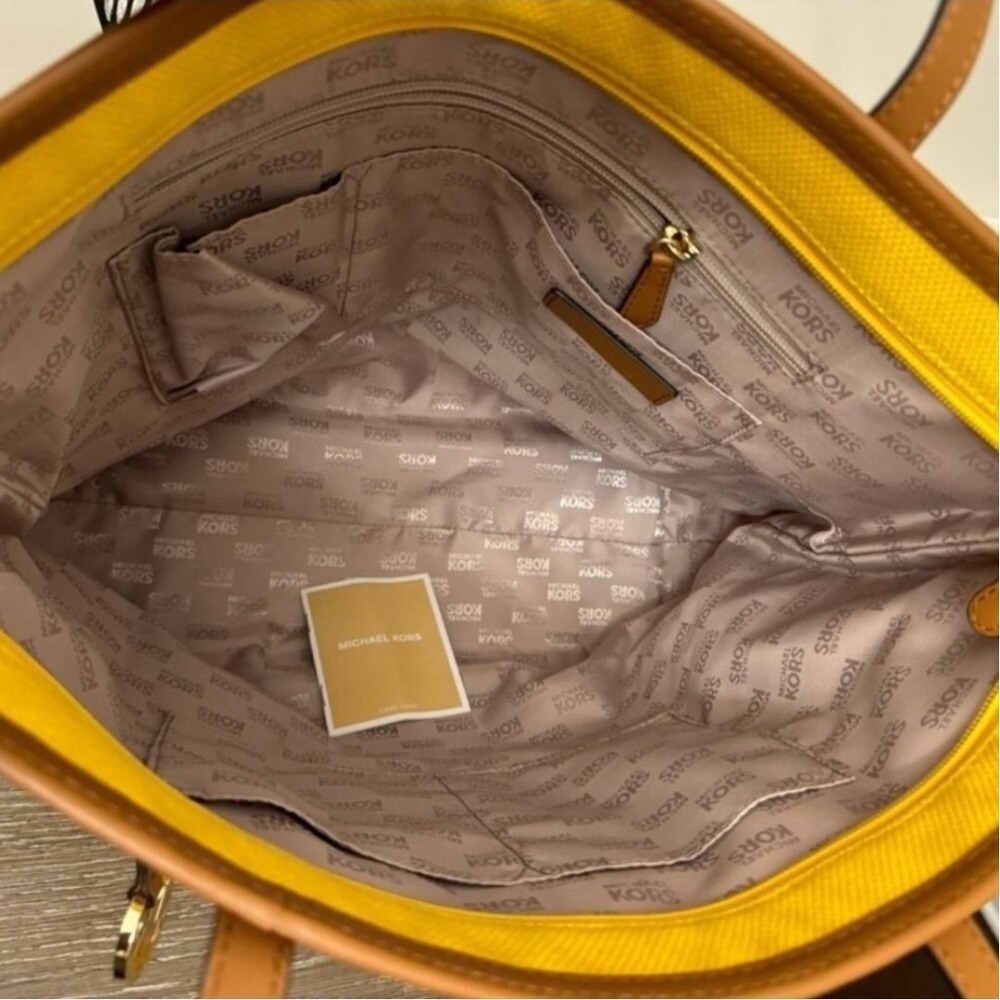 Michael Kors Yellow Canvas Satchel Tote Bag Tan Leather Trim Gold Hardware Large - Picture 6 of 10